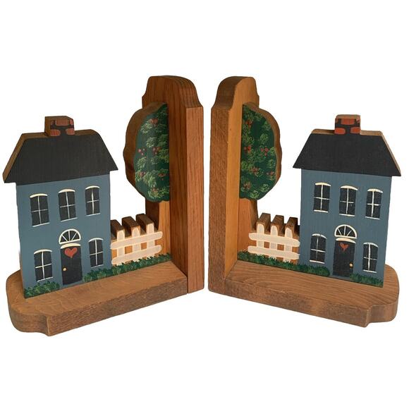 Vintage Wood Country Folk Art Bookends Town Houses Hand Painted - Picture 1 of 8